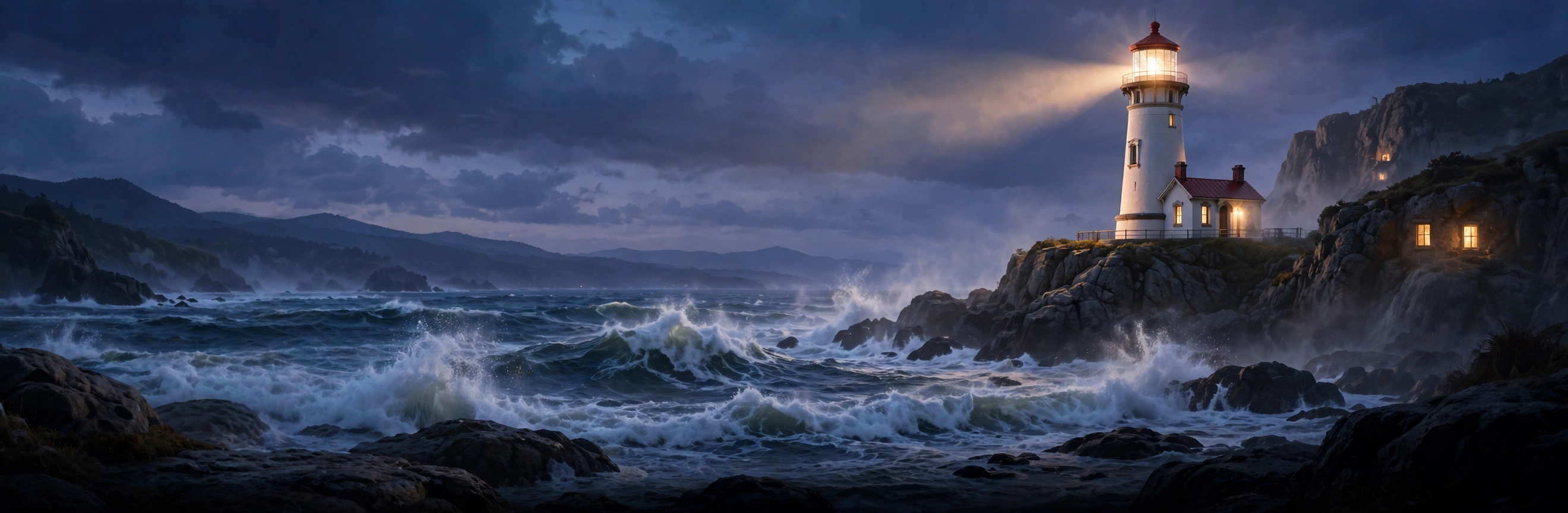 A lighthouse above unruly waves at dusk
