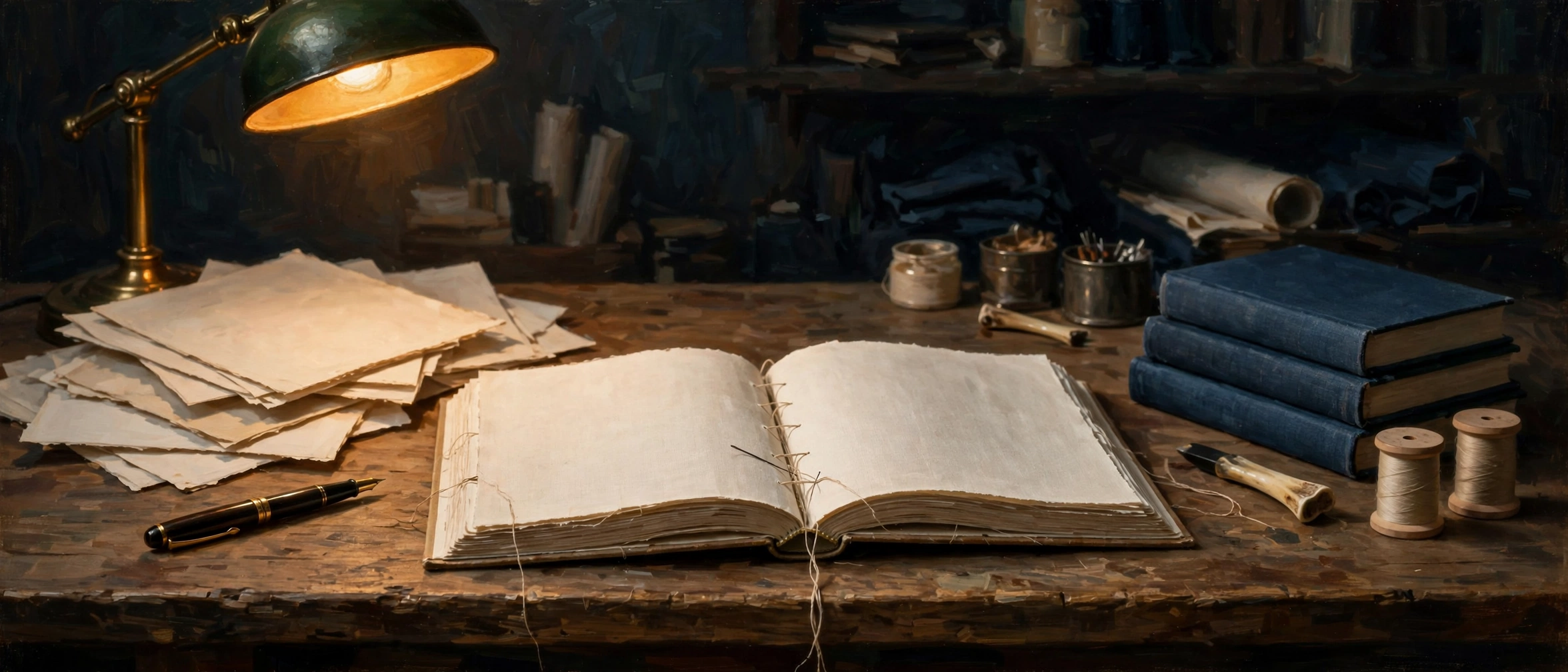 A bookbinder&rsquo;s bench under a lamp: loose pages, a book being stitched, finished volumes beside it